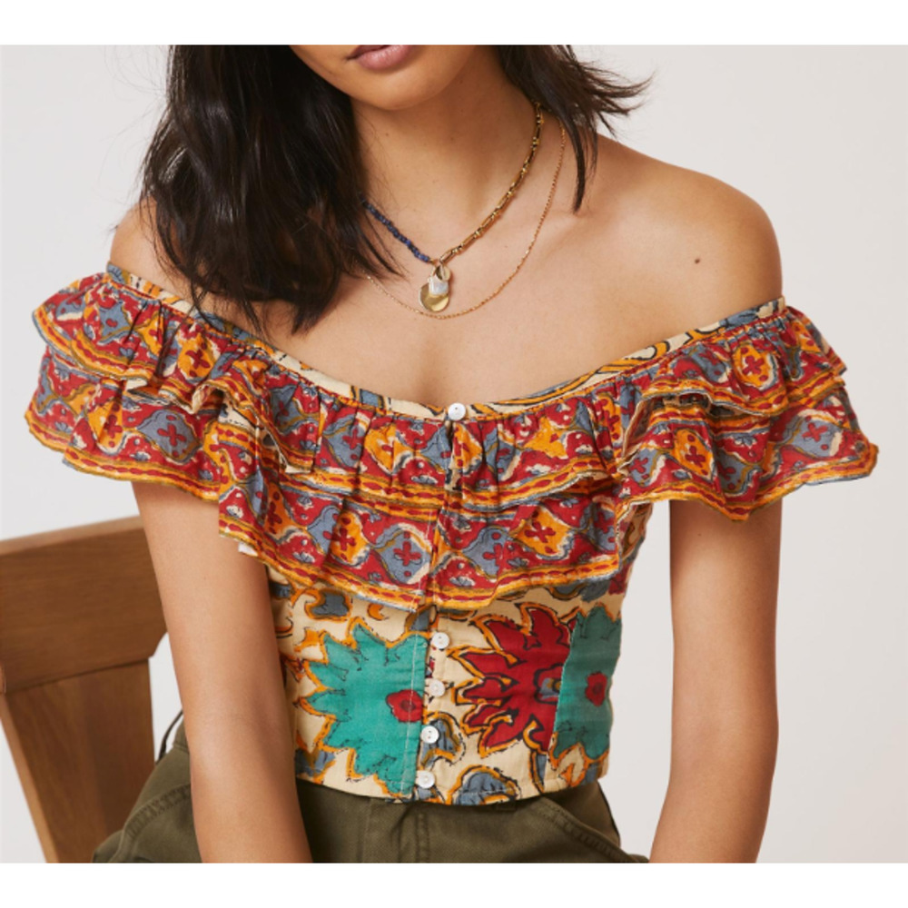 Rachel Zoe Crop Top Womens XS Off The Shoulder Ruffle Button Boho Peasant Beach